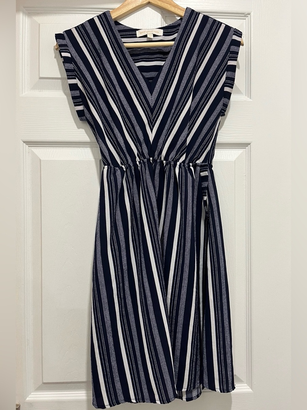 Monteau Navy and White Striped V‑Neck Midi Dress